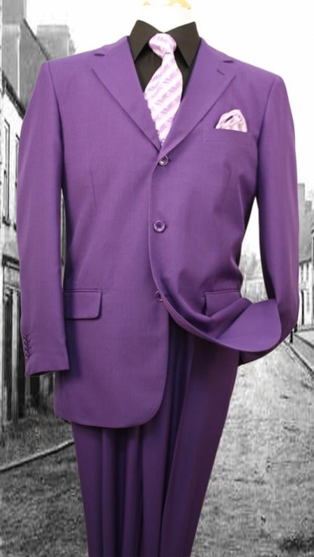 Mens 3-Button Suit Single Breasted Slim Fit with Double Pleated Pants Super 120' Suits - Purple