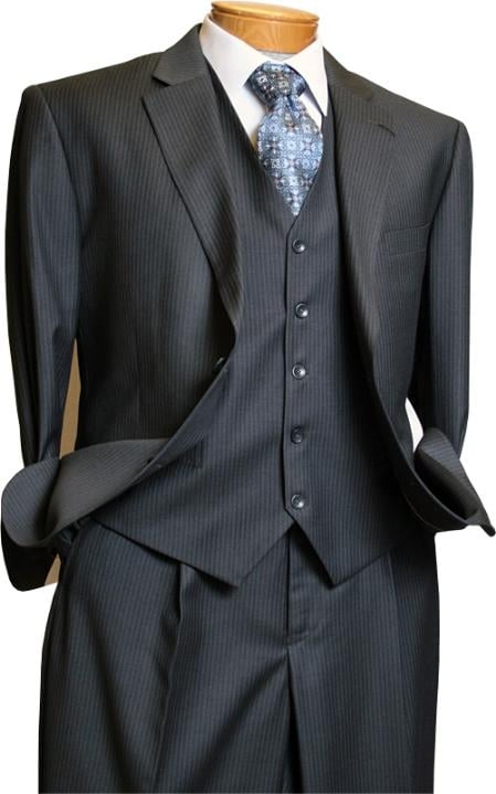Signature Platinum Mens 3 Piece Suit - 2-Button Notch Lapel Single Pleated Front 5-Button Vest in Gray/Grey Pinstripe