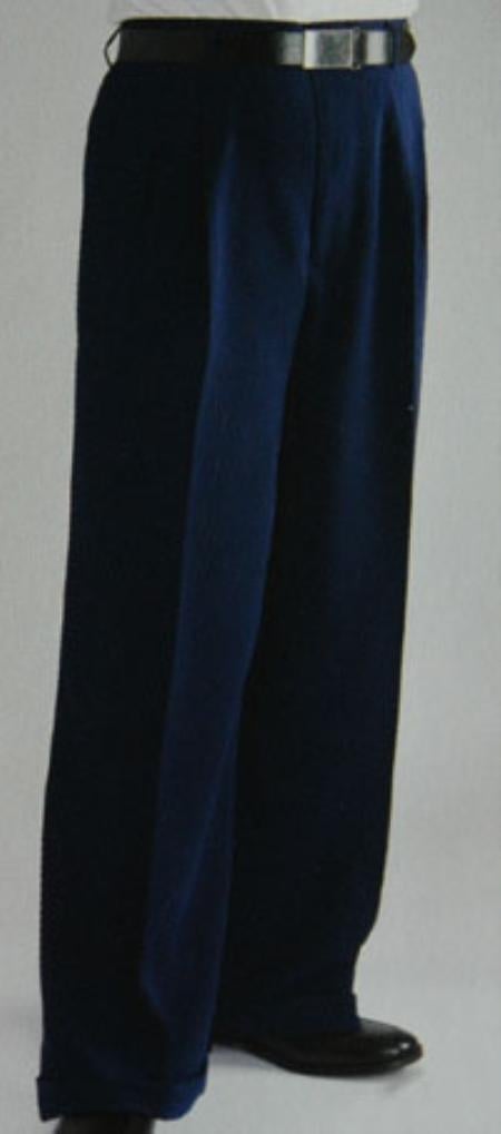 Pleated Wide Leg Pants Wool-feel Blue Mens Trousers/Slacks Cheap