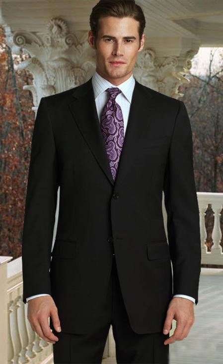 Mensusa Products Classic 2pc 2 Button Jet Black Super's Suit with Hand Pick Stitching on Lapel