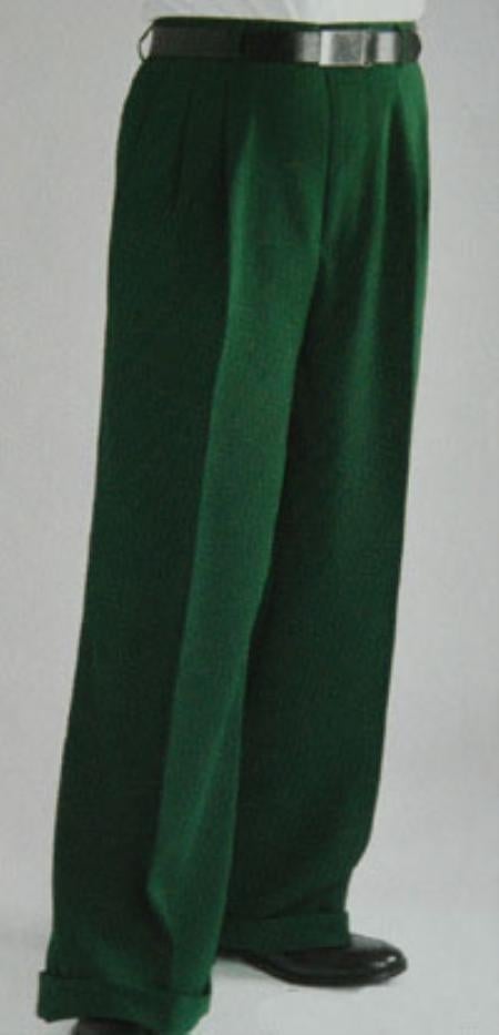 Pleated Wide Leg Pants Wool-feel Green Mens Trousers/Slacks Cheap