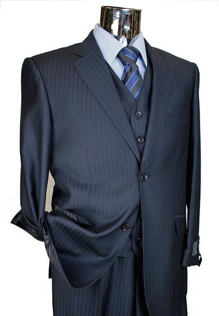 Mensusa Products Men's Navy Tone on Tone 3pc 2 Button single pleated pantsr three piece suit
