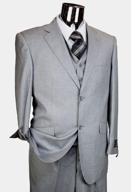 3 Piece 2 Button Suit Single Pleated Pant Wool-Feel Light Grey Loose Fit Trousers Suit Jacket