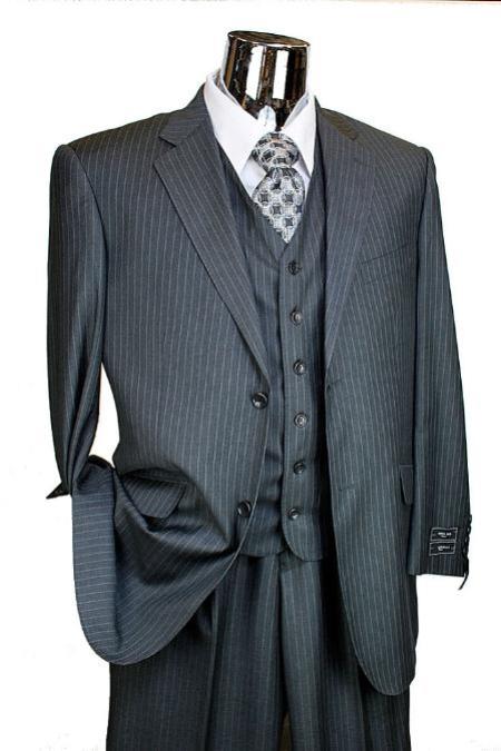 Mensusa Products Mens Charcoal Pinstripe 3 Piece 2 Button single pleated pantsthree piece suit