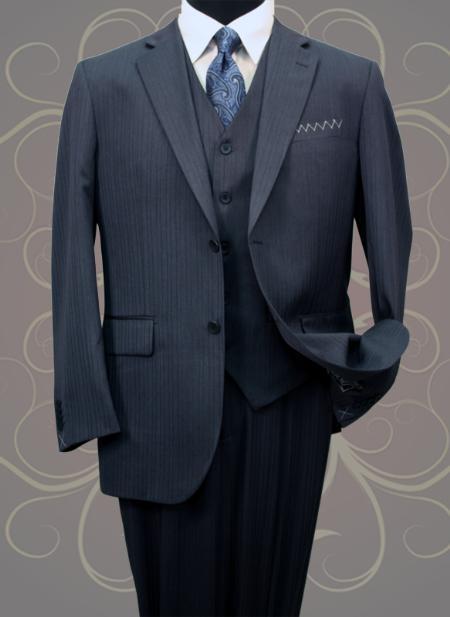 3 Piece 2 Button Suit Single Pleated Pant Wool-Feel Navy Loose Fit Trousers Suit Jacket