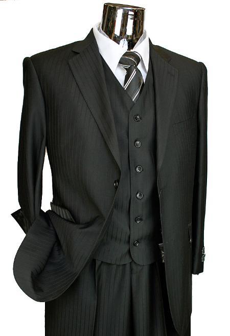3 Piece 2 Button Suit Single Pleated Pant Wool-Feel Black Loose Fit Trousers Suit Jacket
