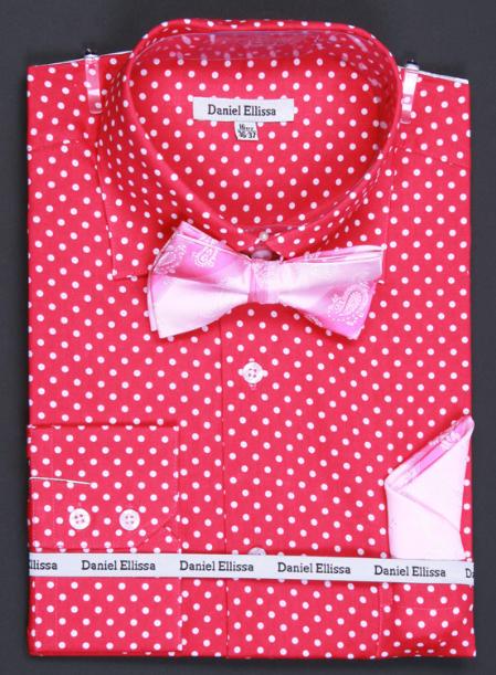 Mensusa Products 100% Cotton Double Button Cuff Dress Shirt, Bow Tie and Hanky Polka Dot Fuchsia65
