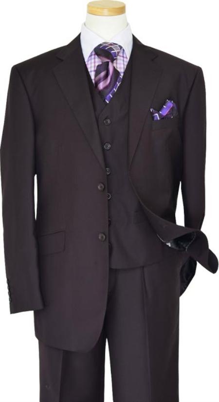 Mensusa Products Tzarelli Solid Plum With Plum HandPick Stitching Super'S Wool Vested three piece suit