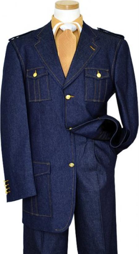 Mensusa Products Blue Denim Iridescent Suit With Cognac HandPick Stitching And Shoulder Epaulettes 1 C