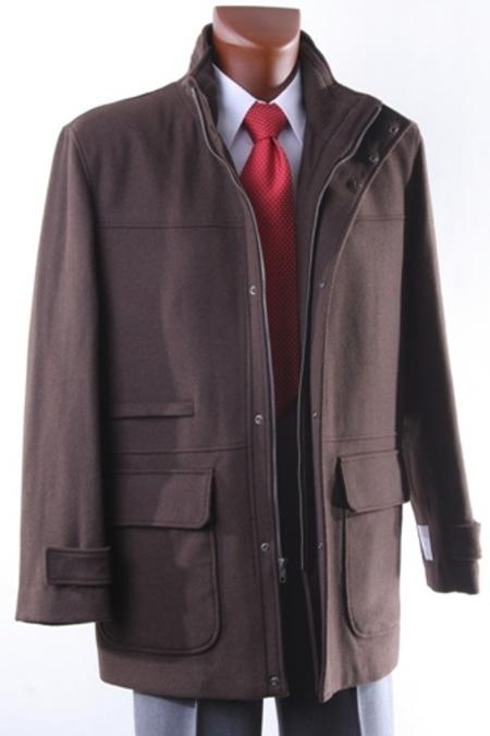Men'S Brown Zippered Three Quarter Winter Coat
