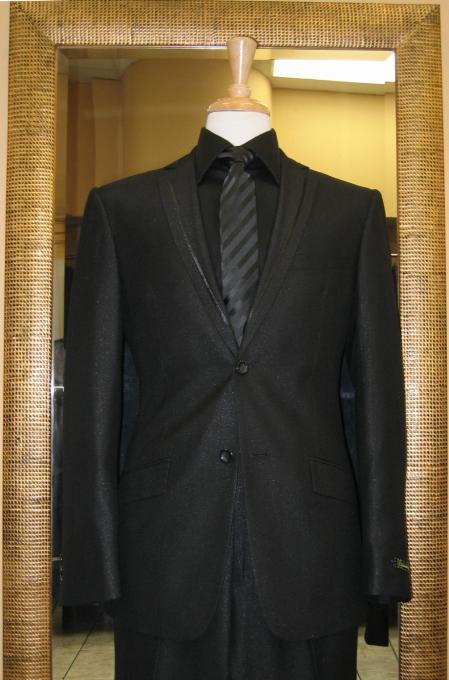 2 Button Black Slim Fit Suit with Taping on the Lapels