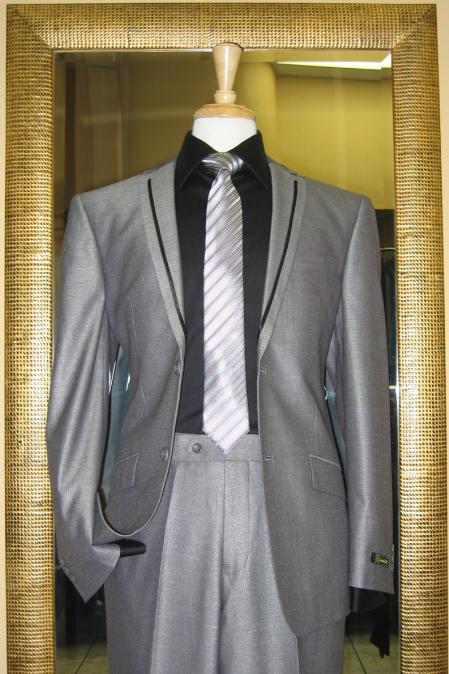 Mensusa Products 2 Button Silver Slim Fit Suit with Taping on the Lapels