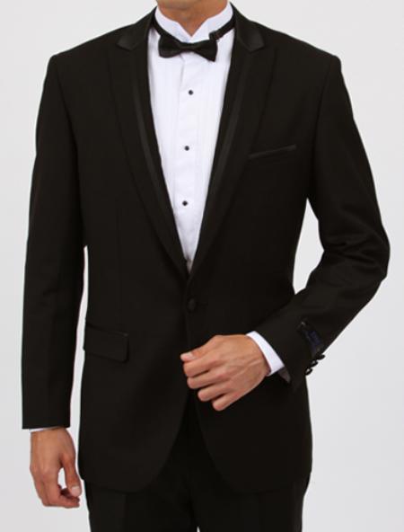 Peak lapel flat front pants Slim Fit 1 Button Black Tuxedo with Satin Collar