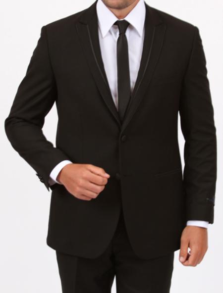 Mensusa Products Peak lapel flat front pants Slim Fit Side Vents 1 Button Black Tuxedo