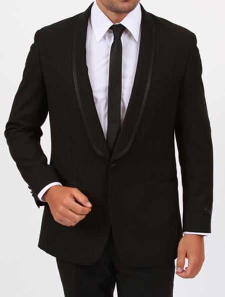 big and tall mens suits, <br/><b>Jacket:</b><br/> Solid 1 Cover Button Front Closure Slim Fit Shawl Lapel with Satin Trim Center Vent Interior French Facing Satin Besom Pockets<br/> <b>Pants:</b><br/> Flat Front-Tapered Two back besom pockets with button closure Two front angled slip pockets Satin Waistband with Belt Loops Satin Piping Side Seam Lined to the knee Zip fly and extended button closure on waistband 37 Inch Inseam<br/>  <b>Colors:</b><br/> Black, 1 Button Slim Fit Center Vent Black Tuxedo