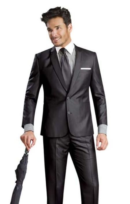 Mensusa Products 2 Button Shiny Flashy Metalic Silk Touch Sharkskin Black Suit