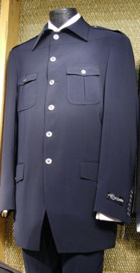 2 Piece Suit Wide Leg Pant Wool-feel Black Mens Military Style Jacket