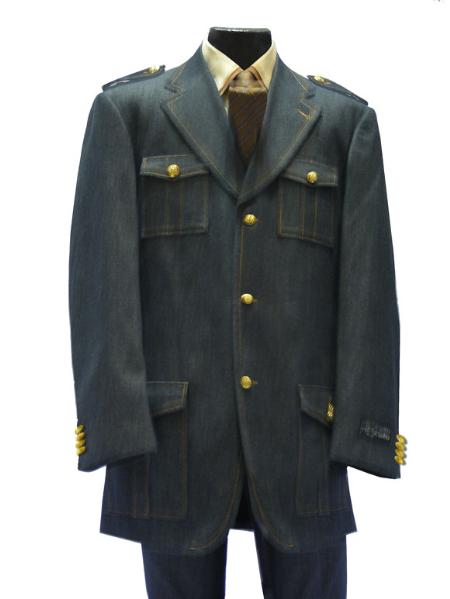 Mensusa Products 2PC Military Style Denim three piece suit Navy