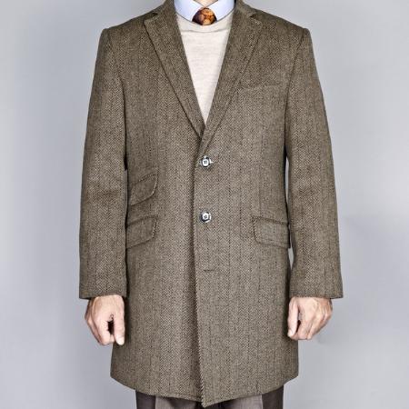 Mens Taupe Herringbone Wool Blend Single Breasted Carcoat 