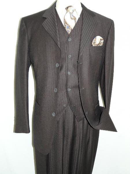 Mensusa Products Brown Three Piece Tonal Stripes Three Button Vested three piece suit