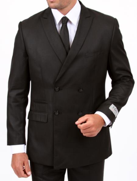 2X4 Center Vent 4 button style Double Breasted Peak Lapel Slim Cut Fit Flat Front Pants Black Suit