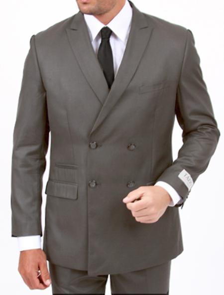 2X4 Center Vent 4 button style Double Breasted Peak Lapel Slim Cut Fit Flat Front Pants Light Grey Suit