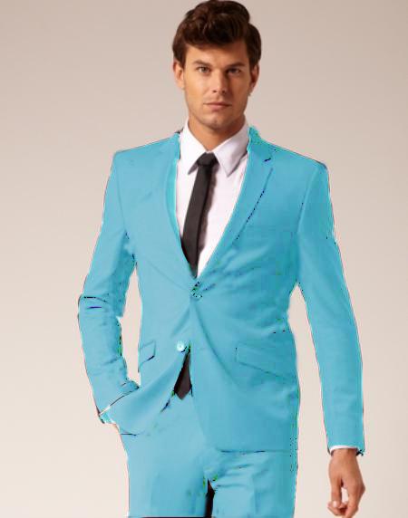 Mens 2 Button Style Wool & Cotton Suit Flat Front Pants Sky Blue