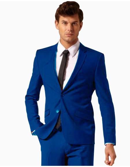 Mens 2 Button Style Wool & Cotton Suit Flat Front Pants Royal Blue