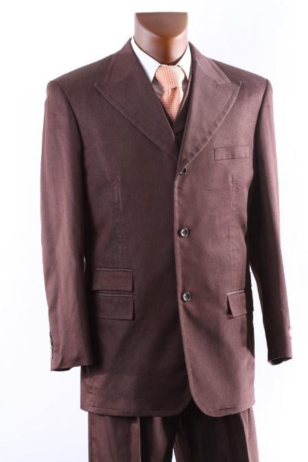 Mensusa Products Mens 3 Button Supers Cocoa three piece suit with Peak Lapel & Wide Leg Pants