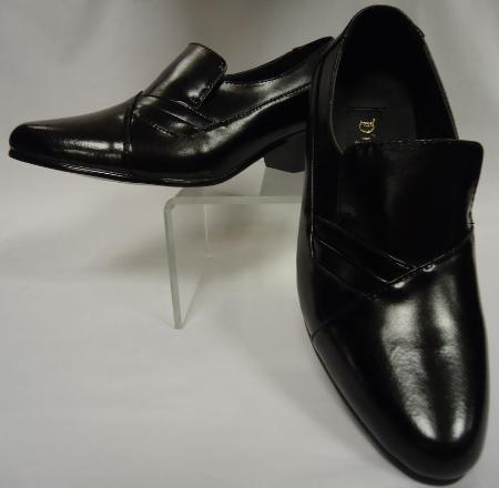 Mens Rich Black Leather Fancy Cuban Heel Slip On Loafers Shoes