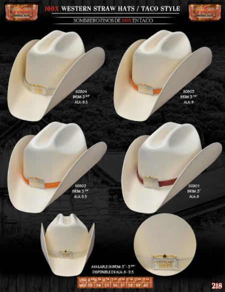 Western Hats, 100x Taco Style Western Cowboy Straw Hats. Please specify the color of the hat band strap at checkout. We have multiple colors available in print caiman or print ostrich leather (300X and 100X hats come in leather prints only). Please see the picture for your selection. We won't process the order unless we know what skin (caiman/ostrich) and color you want for the band strap on your hat. The hat band straps are 3/4" width.A natural straw hat 100X.Featuring a handsome hat band (pick the color you like) finished off with silver/gold metal details front., 100x Taco Style Western Cowboy Straw Hats 55