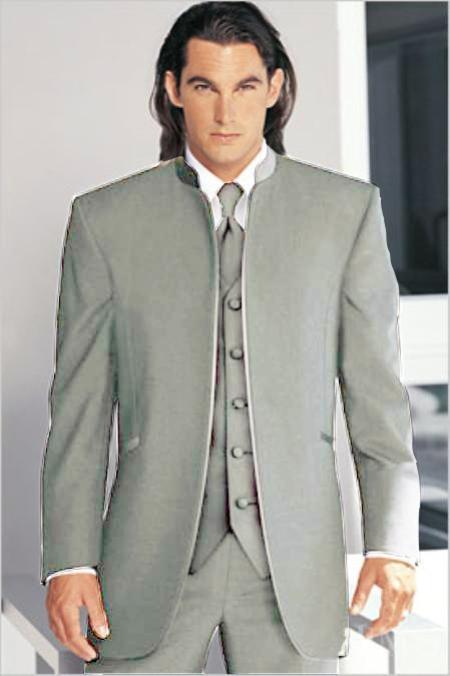 Mensusa Products Mirage Tuxedo Mandarin Collar Silver Vested 3PC No Buttons Pre Order Collection Delivery in 30 days