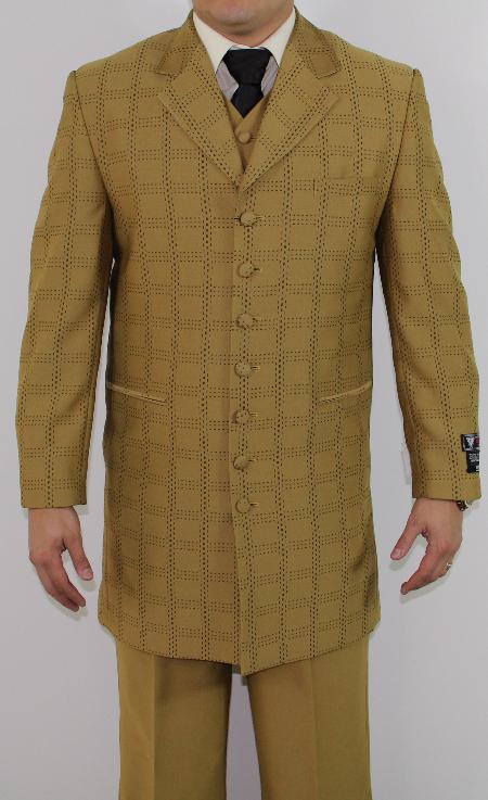 Mensusa Products Men's 7 Button Zoot Suit Mustard Tonal Window Stitched Pattern Suit