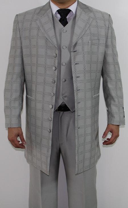 Mensusa Products Men's 7 Button Zoot Suit Light Grey Tonal Window Stitched Pattern Suit