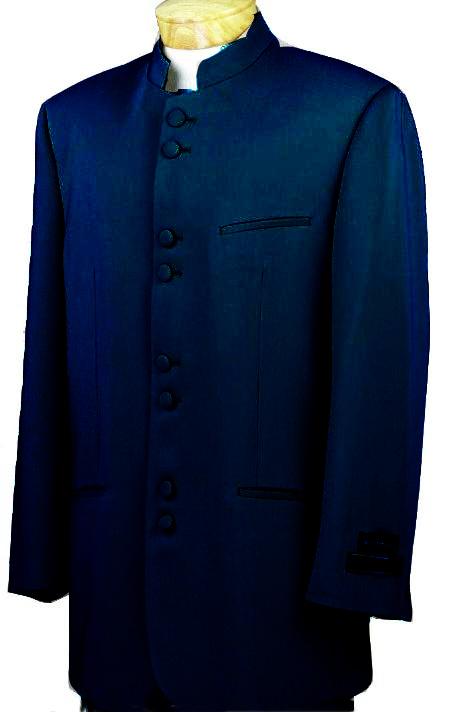 Mensusa Products Mandarin Collar BANNED Collar Navy Blue Suit 8 Button Extra Fine French Cut Suit