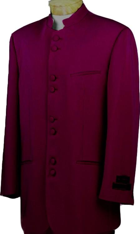 Mensusa Products Mandarin Collar BANNED Collar Burgundy Suit 8 Button Extra Fine French Cut Suit