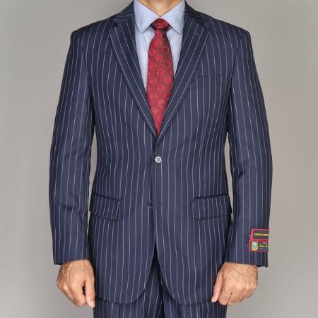 Mensusa Products Men's Side Vented Jacket & Flat Front Pants Navy Blue Pinstripe 2Button Suit