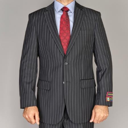 Mensusa Products Men's Side Vented Jacket & Flat Front Pants Black Pinstripe Suit