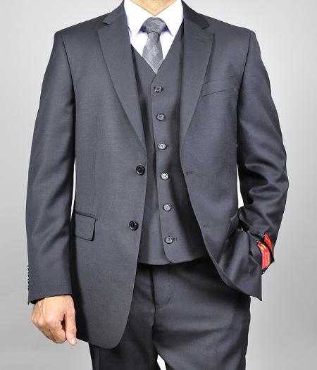 Mensusa Products Mantoni Men's Black Vested Wool Shadow Ton on Ton Peak Lapel Suit