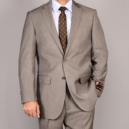 Mensusa Products Mens Side Vented Jacket & Flat Front Pants Taupe Striped 2Button Suit