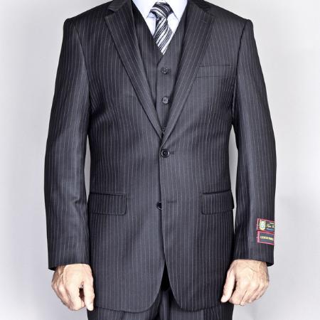 Mensusa Products Men's Side Vented Jacket & Flat Front Pants Black Pinstripe 2Button Vested Suit