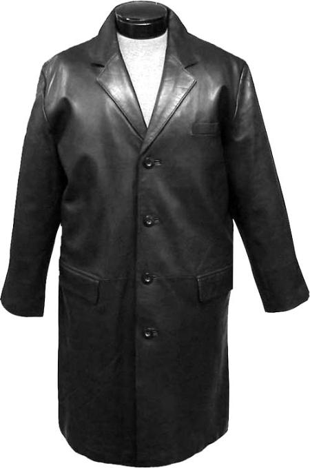 Mensusa Products Men's Classic 7/8Length Topcoat Black Leather long trench coat ~ Raincoat ~ Duster