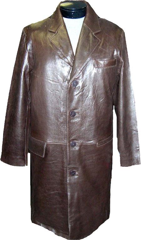 Mensusa Products Men's Classic 7/8Length Topcoat Brown Leather long trench coat ~ Raincoat ~ Duster