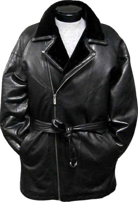 Men's 3/4Length Coat with Belt High Pile Fur Lined Collar Black Leather long trench coat ~ Raincoat ~ Duster