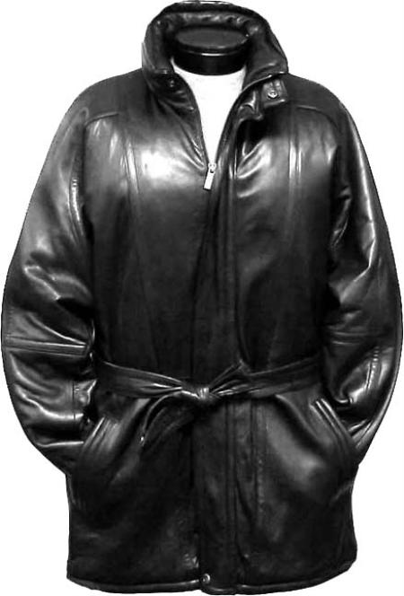 Mensusa Products Men's Classic 3/4Length Coat with Belt ZipToTop China Collar Black Leather long trench coat ~ Raincoat ~ Duster