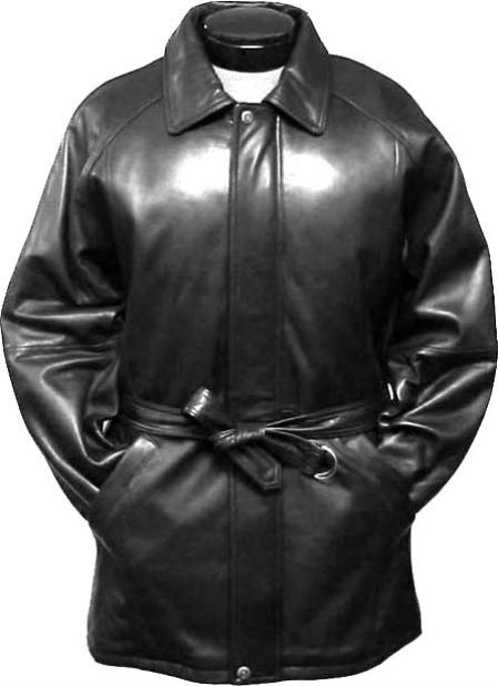 Mensusa Products Mens' Classic 3/4Length Coat with Belt Black Leather long trench coat ~ Raincoat ~ Duster