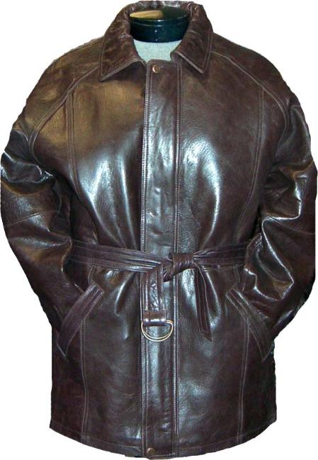 Mens' Classic 3/4Length Coat with Belt Brown Leather long trench coat ~ Raincoat ~ Duster
