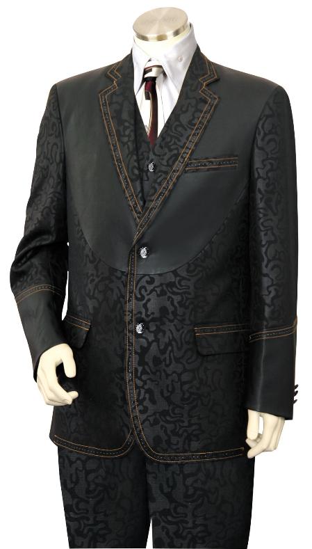 Mensusa Products Men's 3 Piece Fashion Trimmed Two Tone Blazer/Suit/Tuxedo Fancy Pattern with Leather Trim Black 214