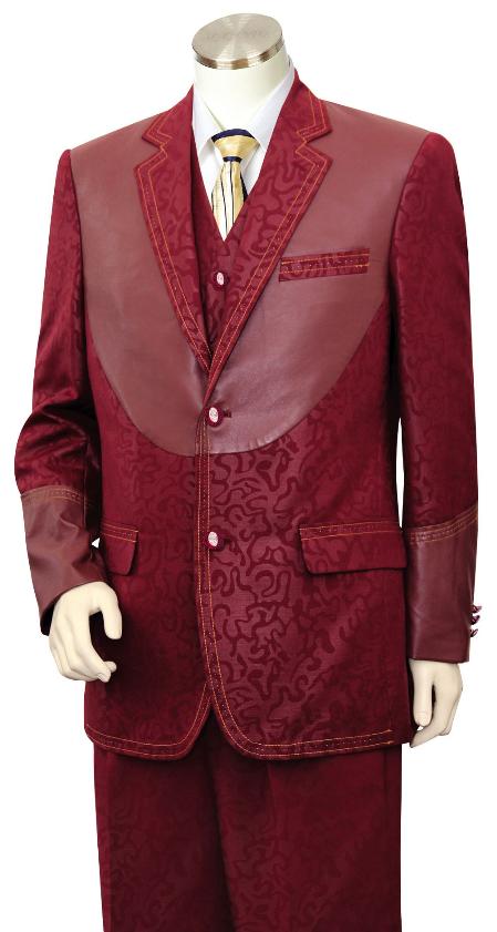 Mensusa Products Men's 3 Piece Fashion Trimmed Two Tone Blazer/Suit/Tuxedo Fancy Pattern with Leather Trim Wine 214