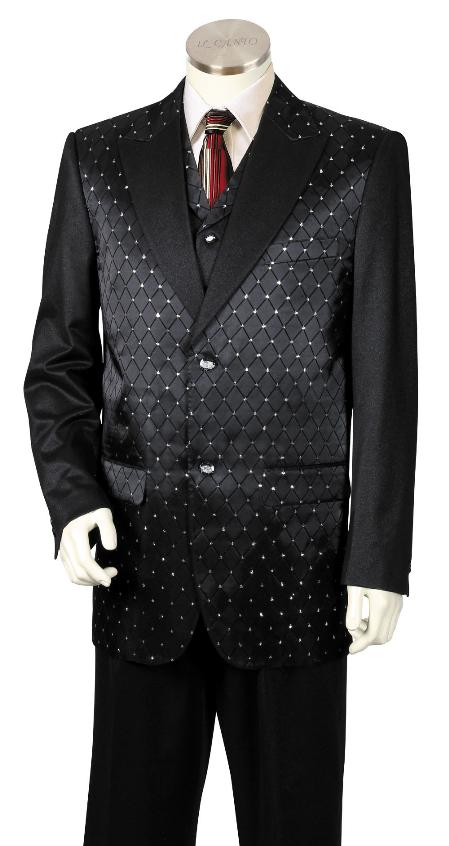 Men's 3 Piece Designer Fashion Trimmed Two Tone Blazer/Suit/Tuxedo Fancy Diamond Pattern Black 214